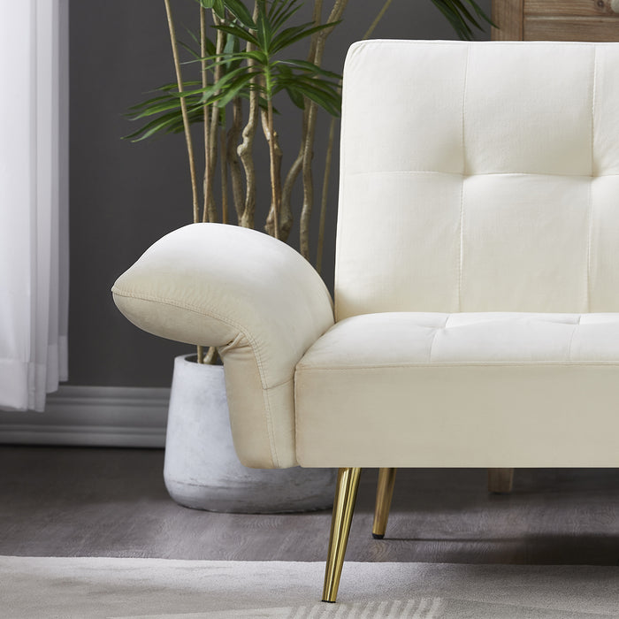 78" Italian Velvet Futon Sofa Bed, Convertible Sleeper Folded Armrests and Storage Bags Beige velvet | lowrysfurniturestore
