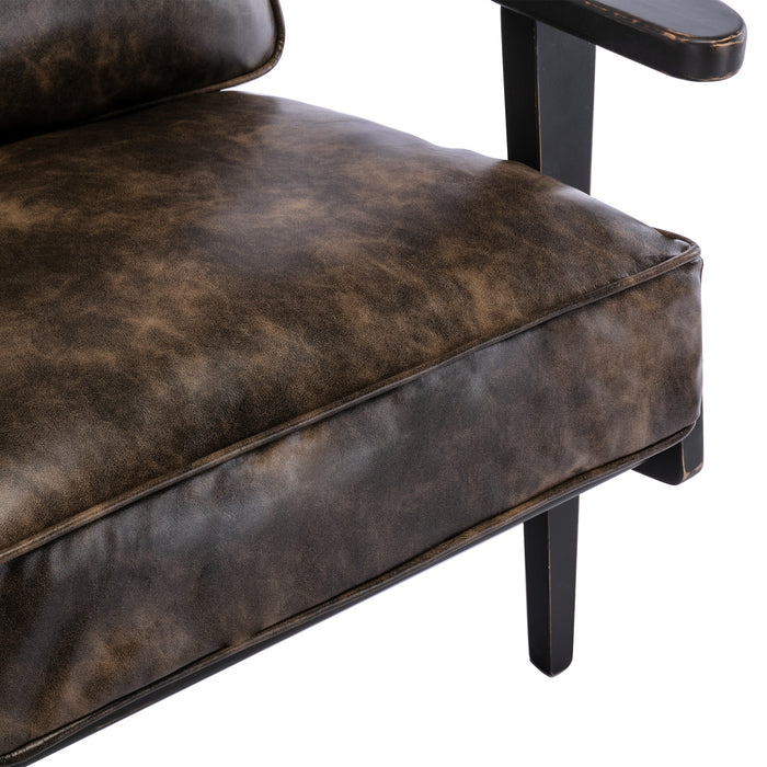 solid wood black antique painting removable cushion arm chair, mid-century PU leather accent chair