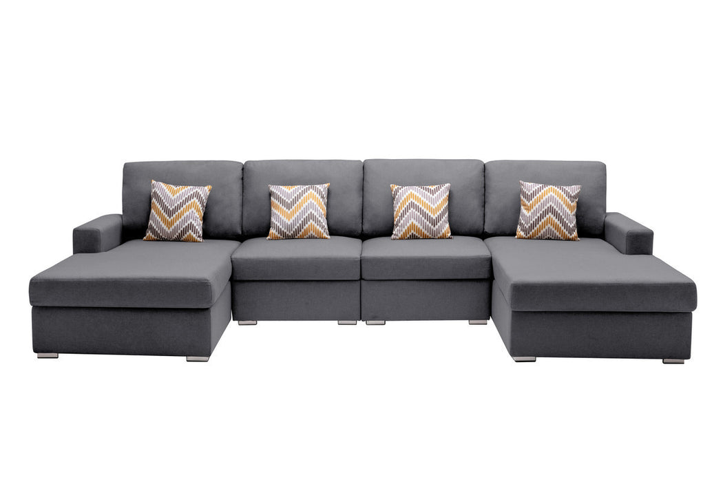 Nolan Gray Linen Fabric 4Pc Double Chaise Sectional Sofa with Pillows and Interchangeable Legs | lowrysfurniturestore