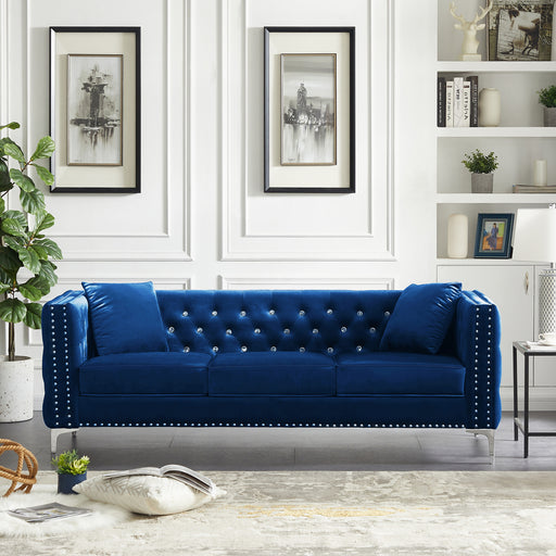 82.3" Width Modern Velvet Sofa Jeweled Buttons Tufted Square Arm Couch Blue,2 Pillows Included lowrysfurniturestore